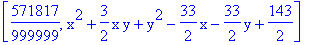 [571817/999999, x^2+3/2*x*y+y^2-33/2*x-33/2*y+143/2]